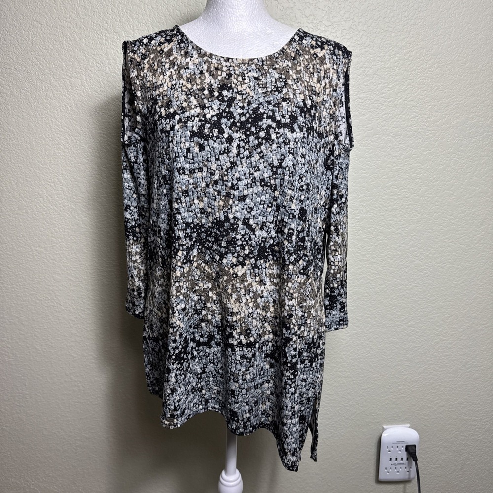 Peck & Peck Top XL Women Sparkly Black Tan Cold Shoulder Asymmetric Blouse Tunic